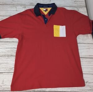 Tommy Hilfiger Red Color Block Polo Shirt Men Size XL